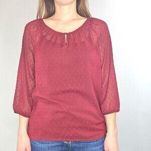 Old Navy 3/4 Sleeve Swiss Dot Lightweight Sheer Burgundy Blouse Size Medium